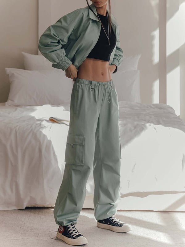 High Waisted Loose Drawstring Elasticity Pockets Split-Joint Pants Trousers