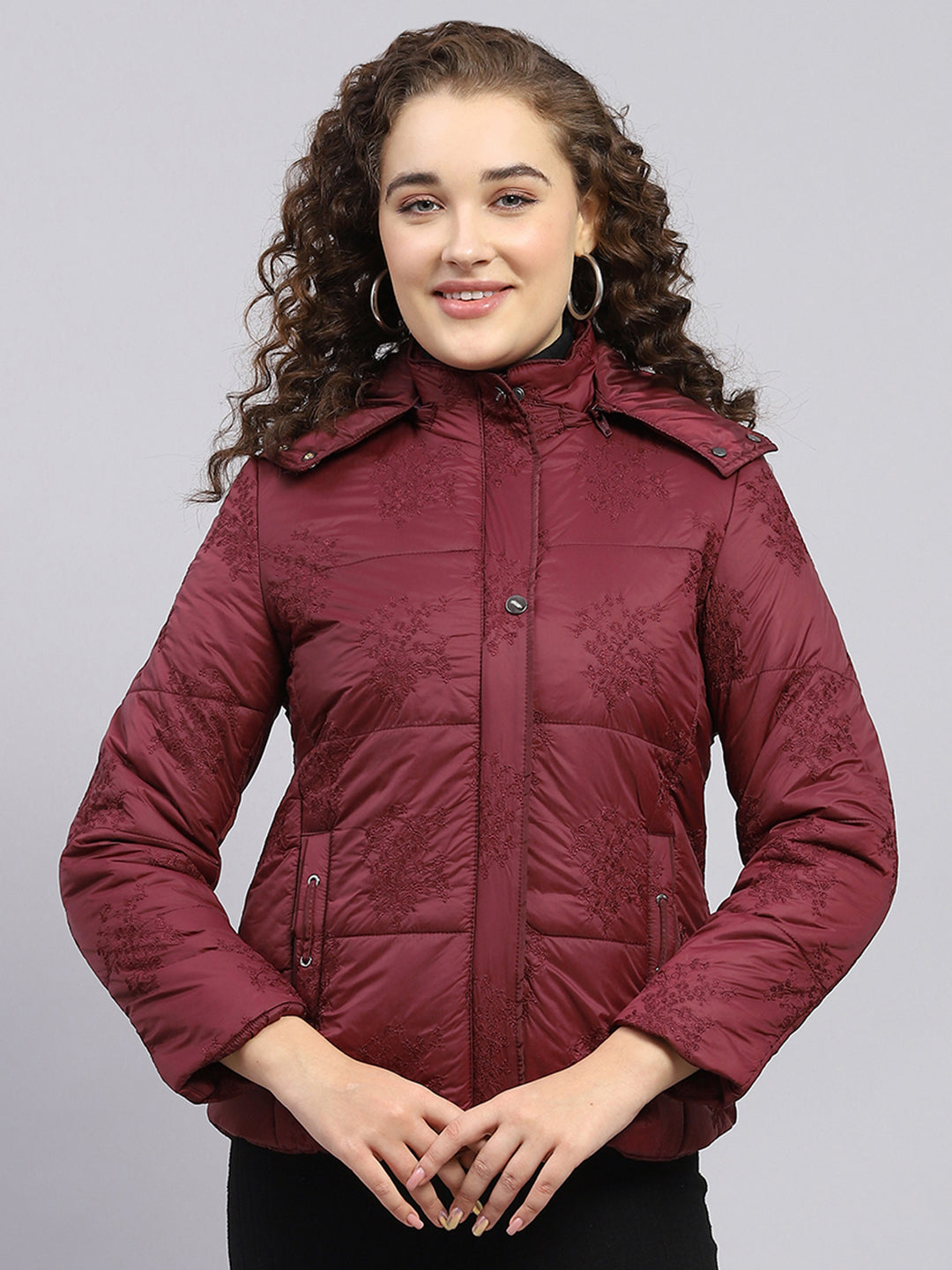 Women Maroon Embroidered Detachable Hood Full Sleeve Jacket