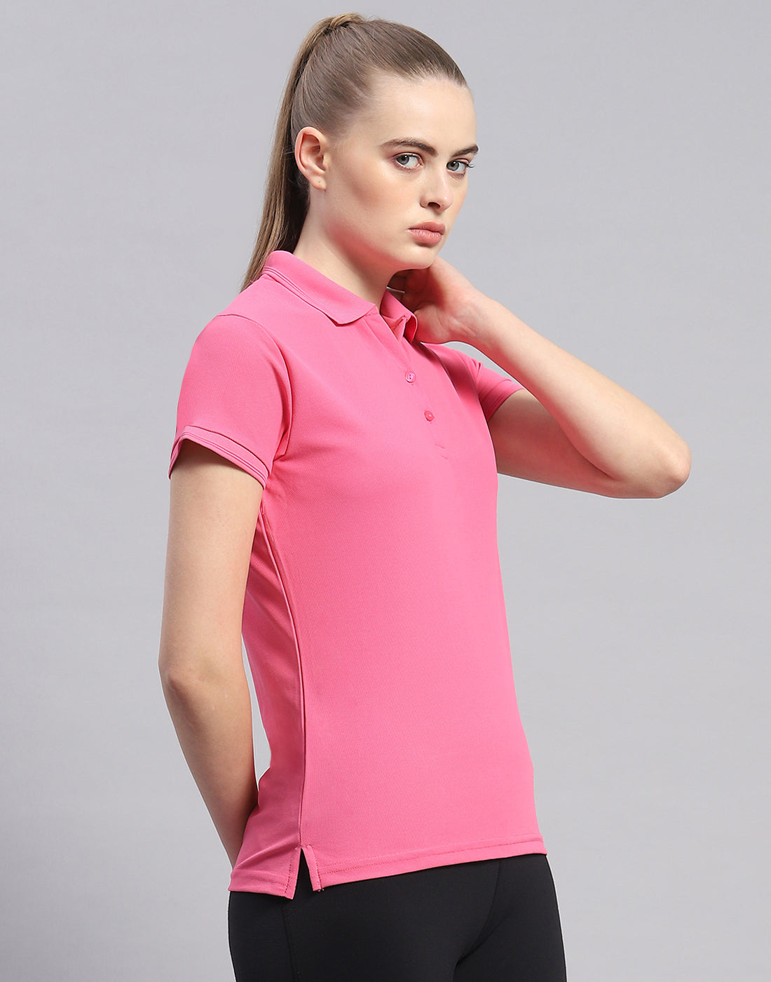 Women Pink Solid Polo Collar Half Sleeve T-Shirt