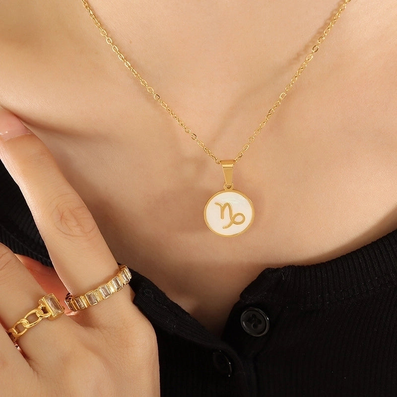 Retro Constellation 304 Stainless Steel Shell 18K Gold Plated Inlay Pendant Necklace