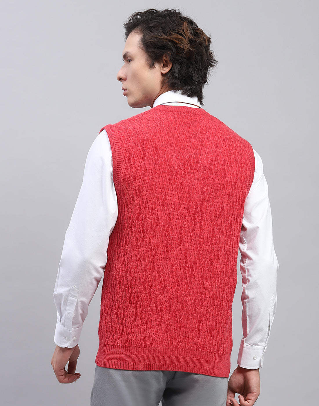 Men Red Self Design V Neck Sleeveless Sweater