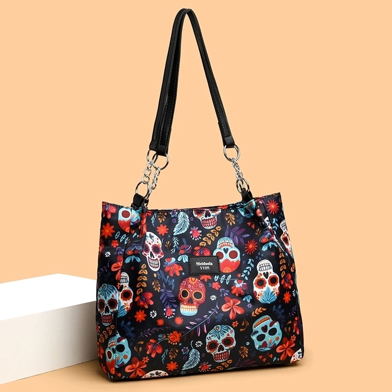 Halloween Women's Medium Pu Leather Skull Streetwear Square Zipper Tote Bag