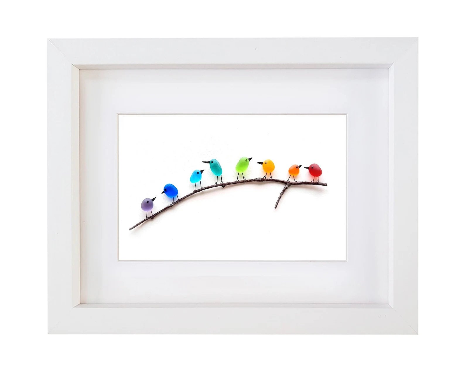 Sea glass rainbow birds -Framed unique handmade