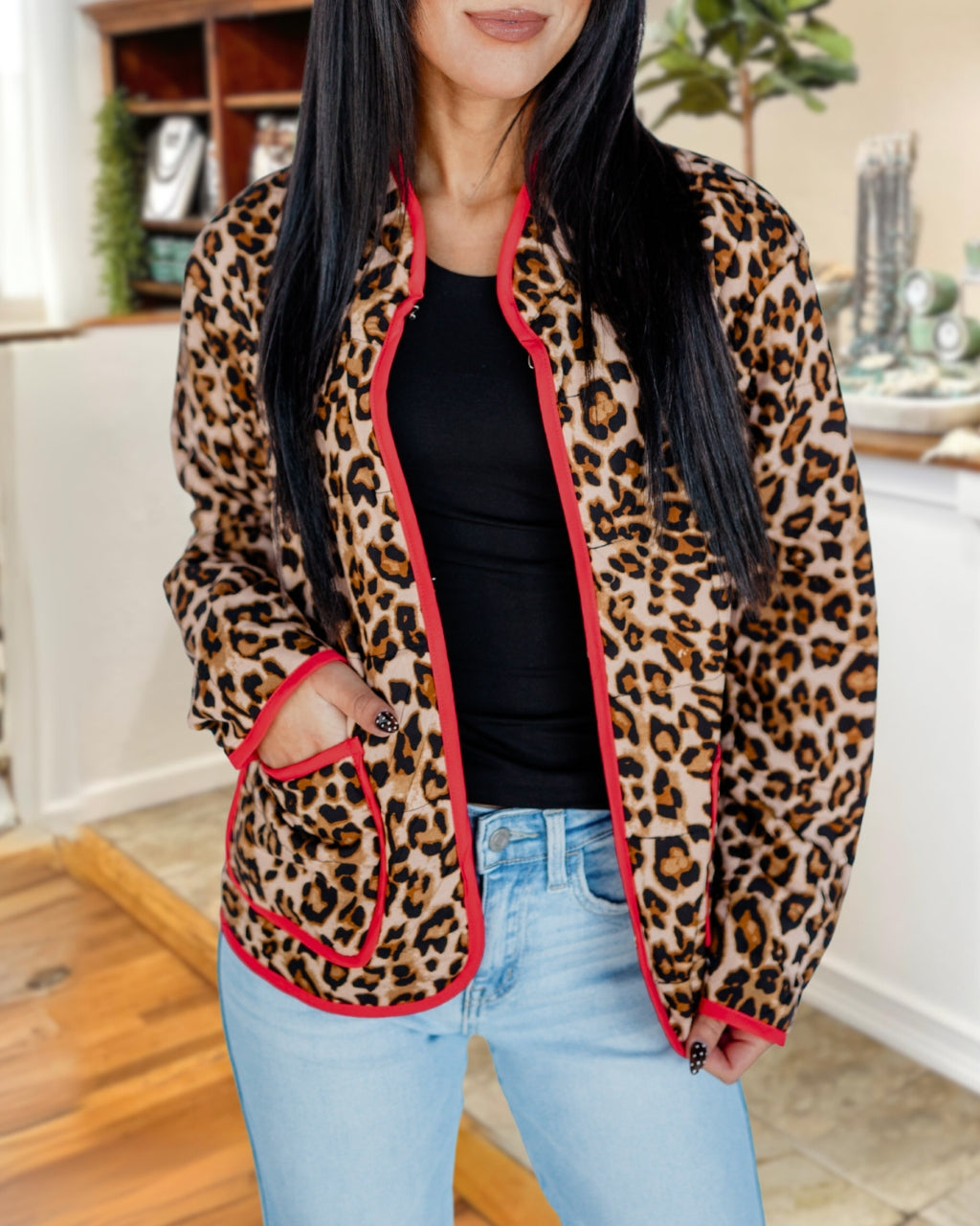 Red Piping Leopard Quilted Jacket