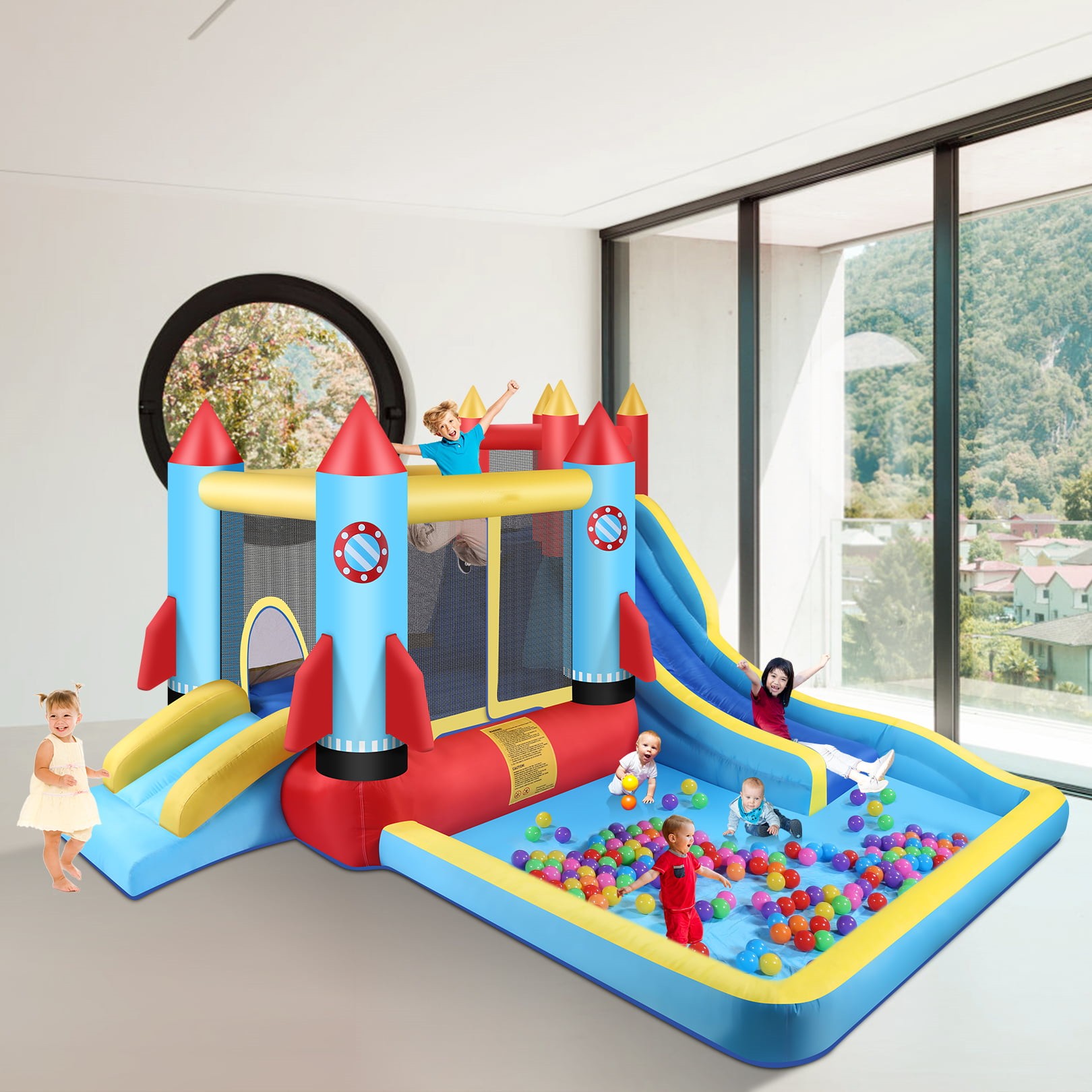 ⏰Last Day Sale $49.85💥 Inflatable Bounce House for Kids 3+ with Blower, Double Slide Climbing Wall and Ball Pit/Large Pool, Outdoor/Indoor Bounce House 146'' x 132'' x 82''