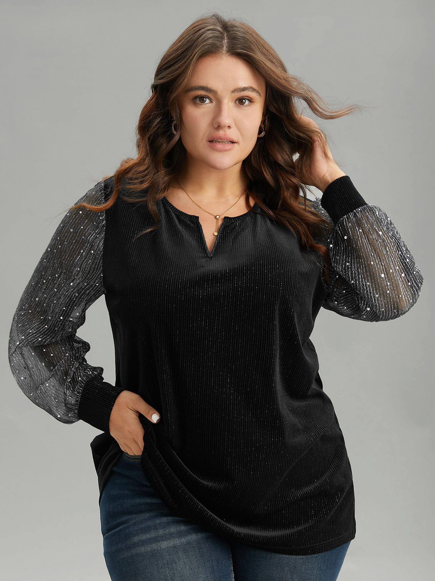 Velvet Patchwork Mesh Sequin Notched T-shirt