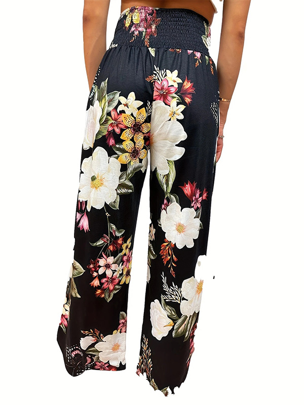 High Waisted Loose Elasticity Flower Print Pleated Pockets Pants Trousers