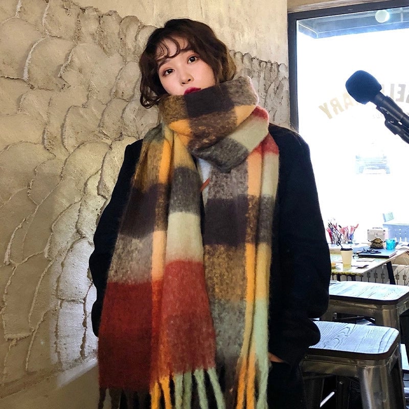 Plaid Tassel Mohair Scarf Women's Spring Students Travel Fashionable Sticker Casual Scarf