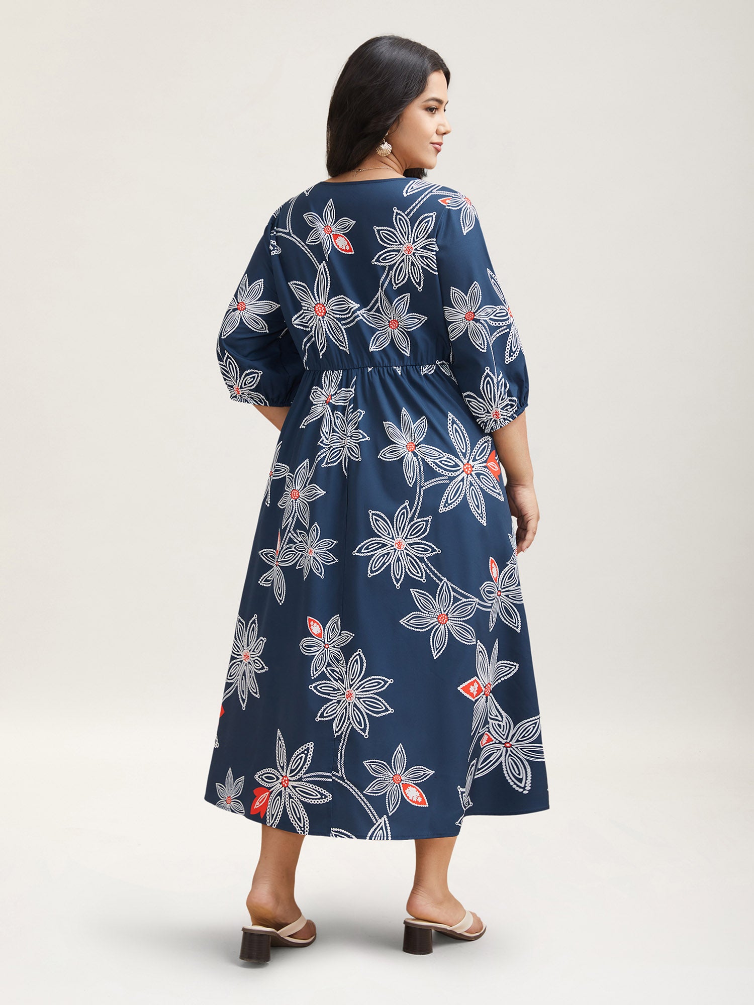 Boho Floral Arc Neck Waist-Cinched Dress