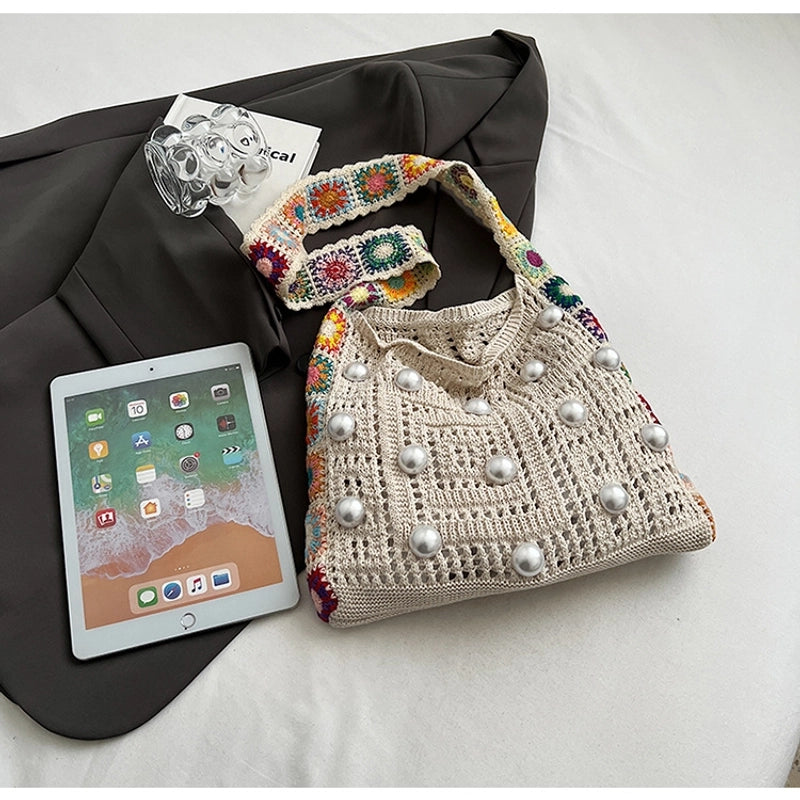 Women's Large Knit Solid Color Flower Basic Classic Style Pearls Weave Open Straw Bag