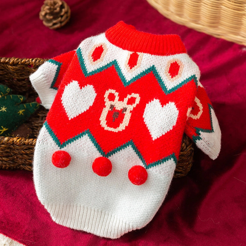 Cute Core Spun Yarn Christmas Color Block Pet Clothing