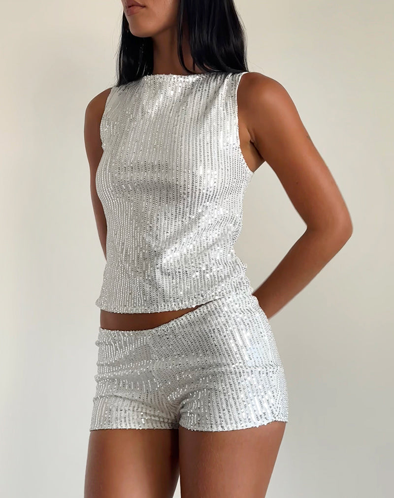 Hala Top in Silver Chrome Drape Mini Sequin