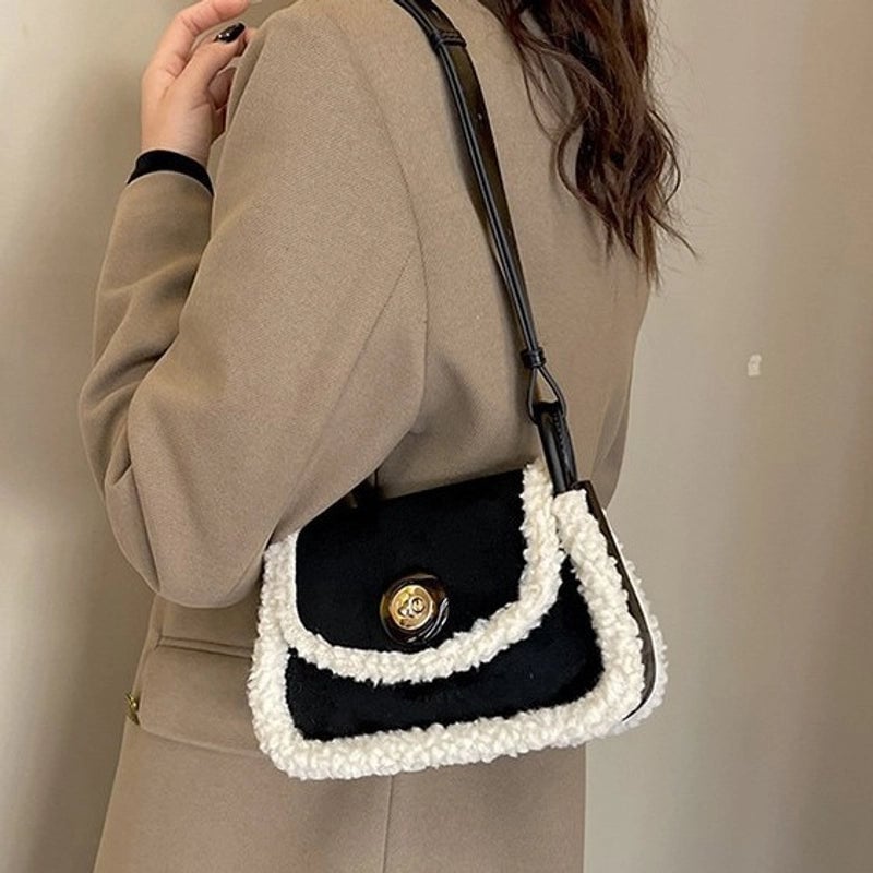 Women's Pu Leather Shearling Solid Color Vintage Style Sewing Thread Square Magnetic Buckle Shoulder Bag Crossbody Bag