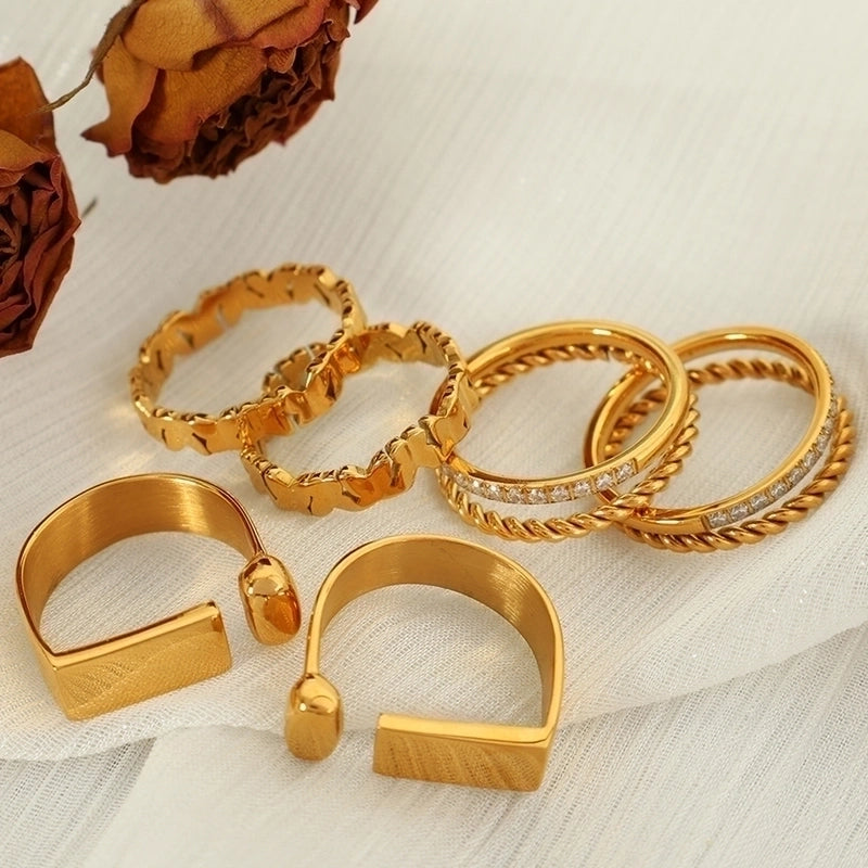 304 Stainless Steel 18K Gold Plated Minimalist Irregular Floral Irregular Ditsy Floral Zircon Adjustable Ring