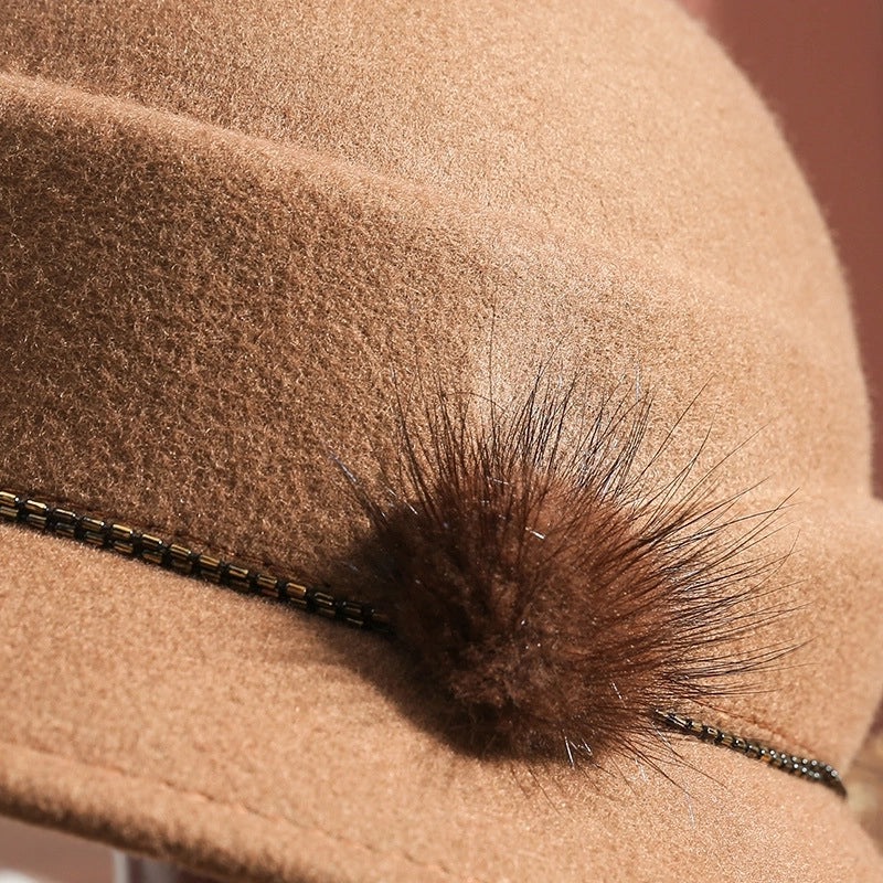 5 Pieces Autumn And Winter Hat Female Bowler Hat Pure Wool Woolen Hat Shaping Hat Elegant Mink Fur Ball Bright Beads Decoration 1215
