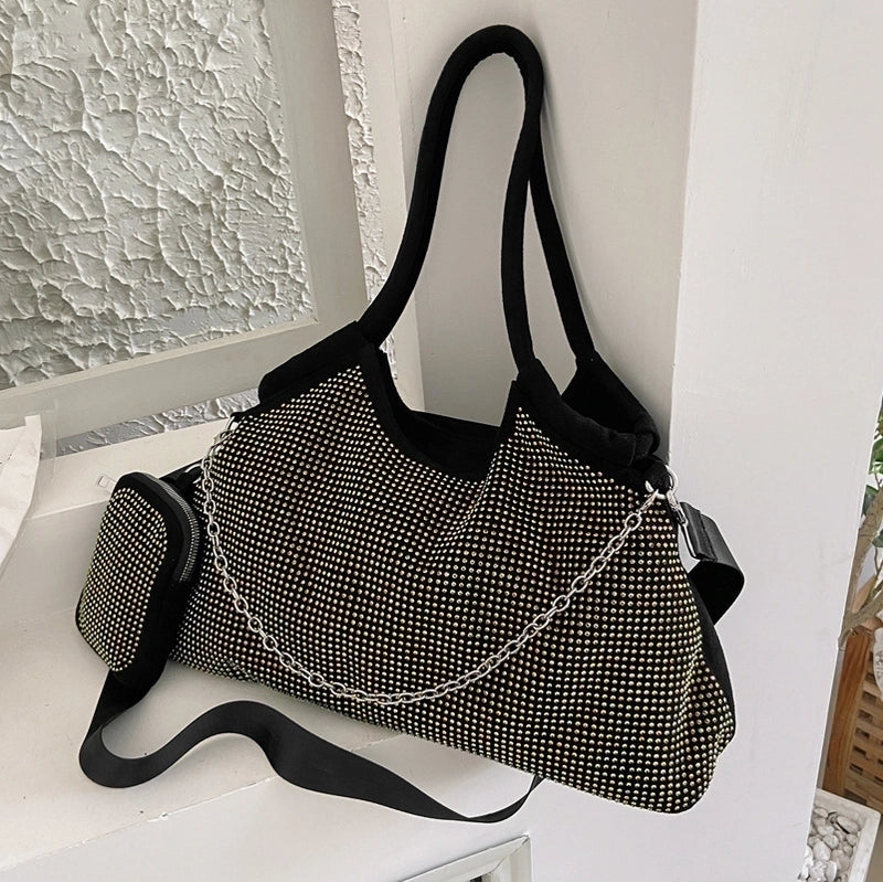 Vintage Style Solid Color Rhinestone Semicircle Zipper Shoulder Bag Tote Bag