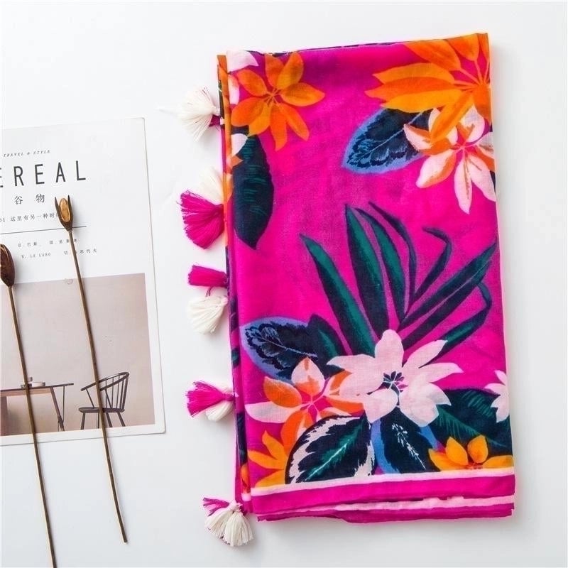 Cotton And Linen Scarf Warm Rose Red Tone Tropical Plant Color Tassel Trend