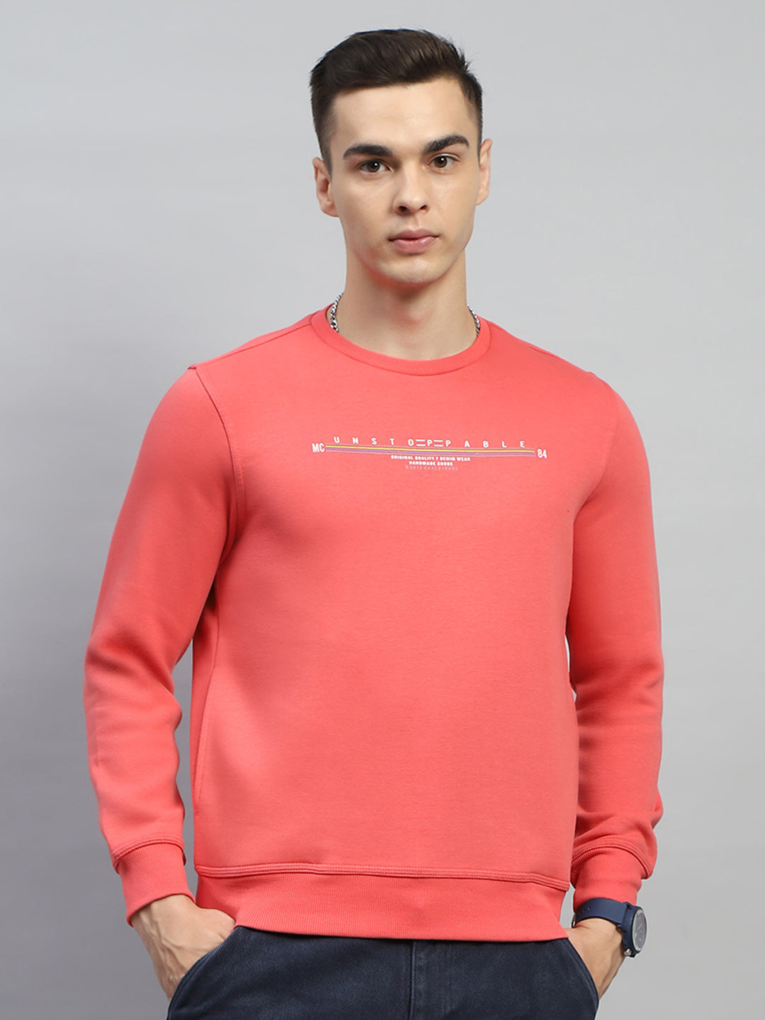 Men Red & Sky Blue Printed Round Neck Full Sleeve Sweatshirt