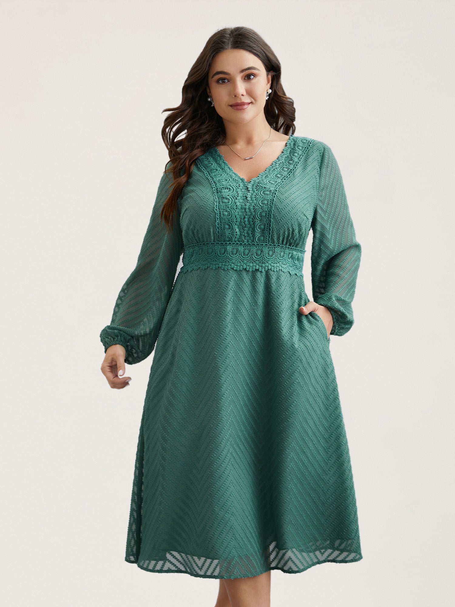 Sheer Textured Lace Detail Pockets Midi Dress
