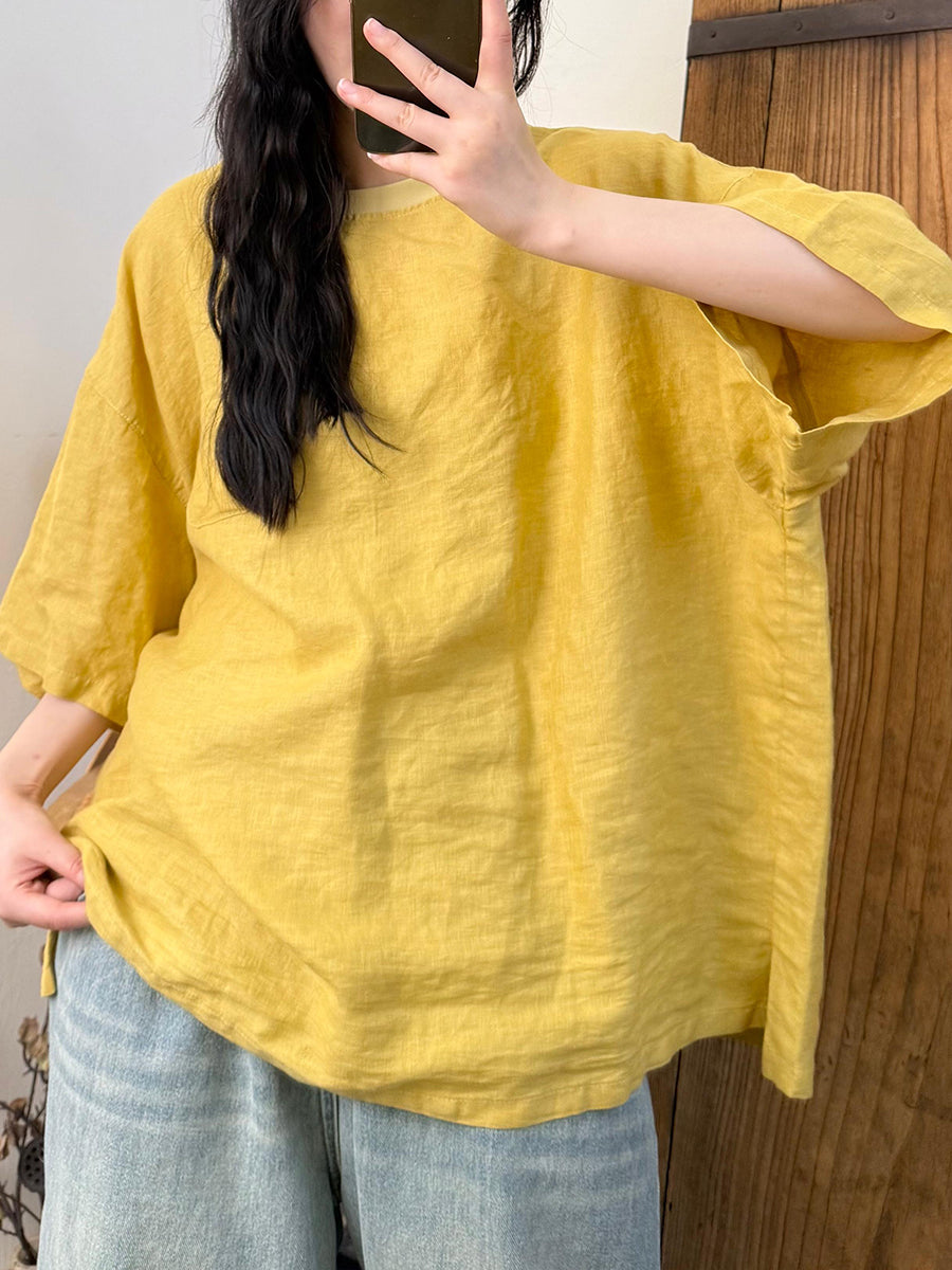Women Summer Retro Pure Color O-Neck Linen Shirt