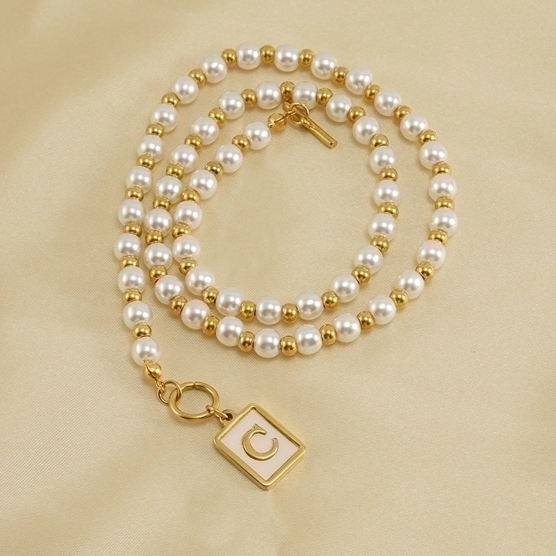 Stainless Steel 18K Gold Plated Elegant French Style Pearl Plating Inlay Letter Shell Pendant Necklace