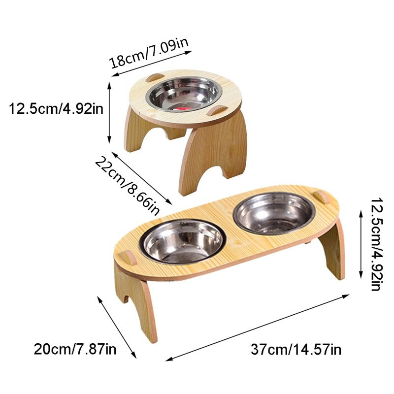 Wood Frame Slanted Pet Feeding Stainless Steel