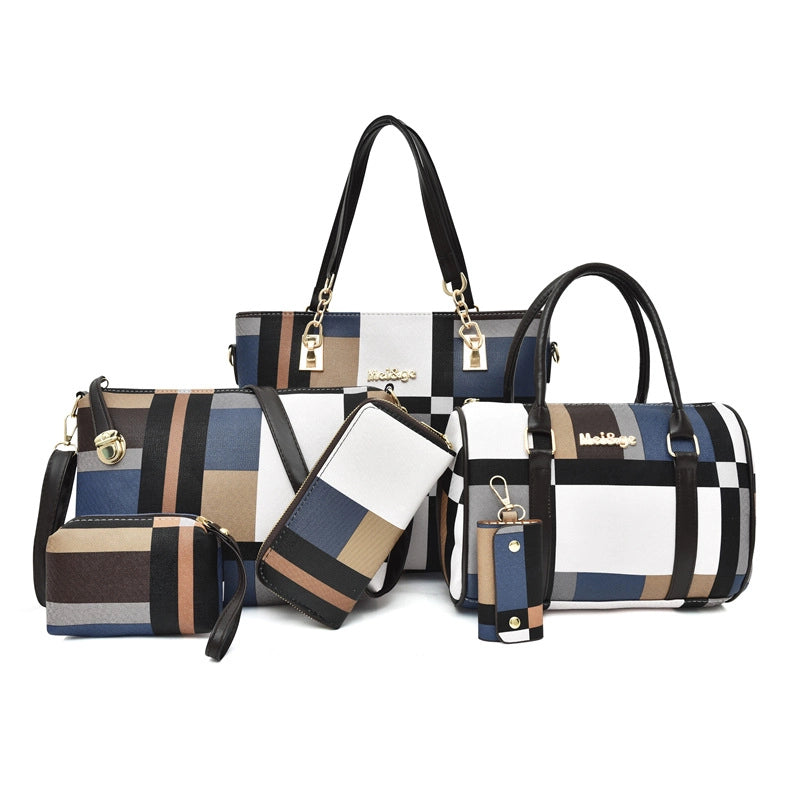 Women's Large All Seasons Pu Leather Plaid Fashion Bucket Zipper Bag Sets