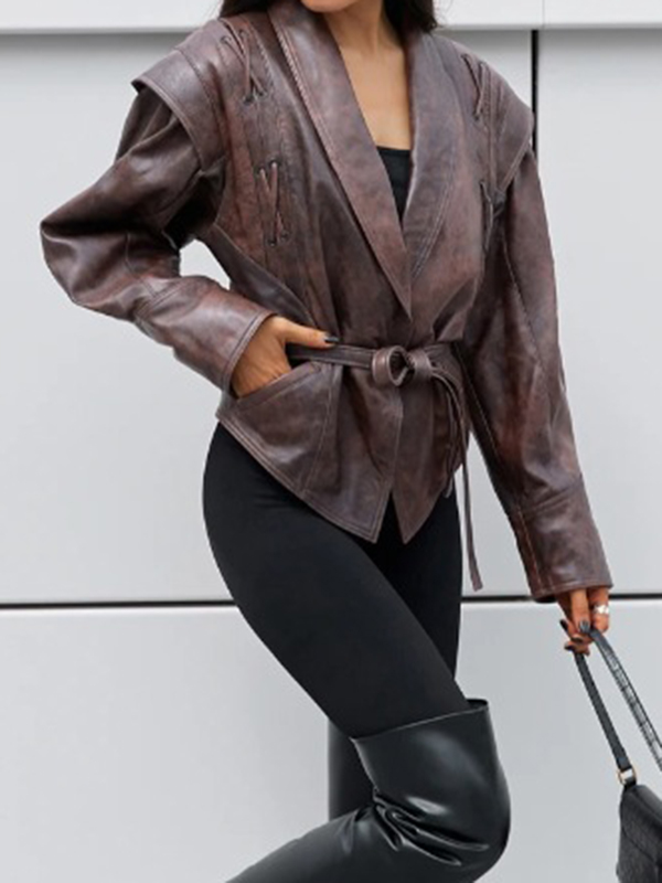 Long Sleeves Loose Split-Joint Tied Waist Lapel Jackets Outerwear