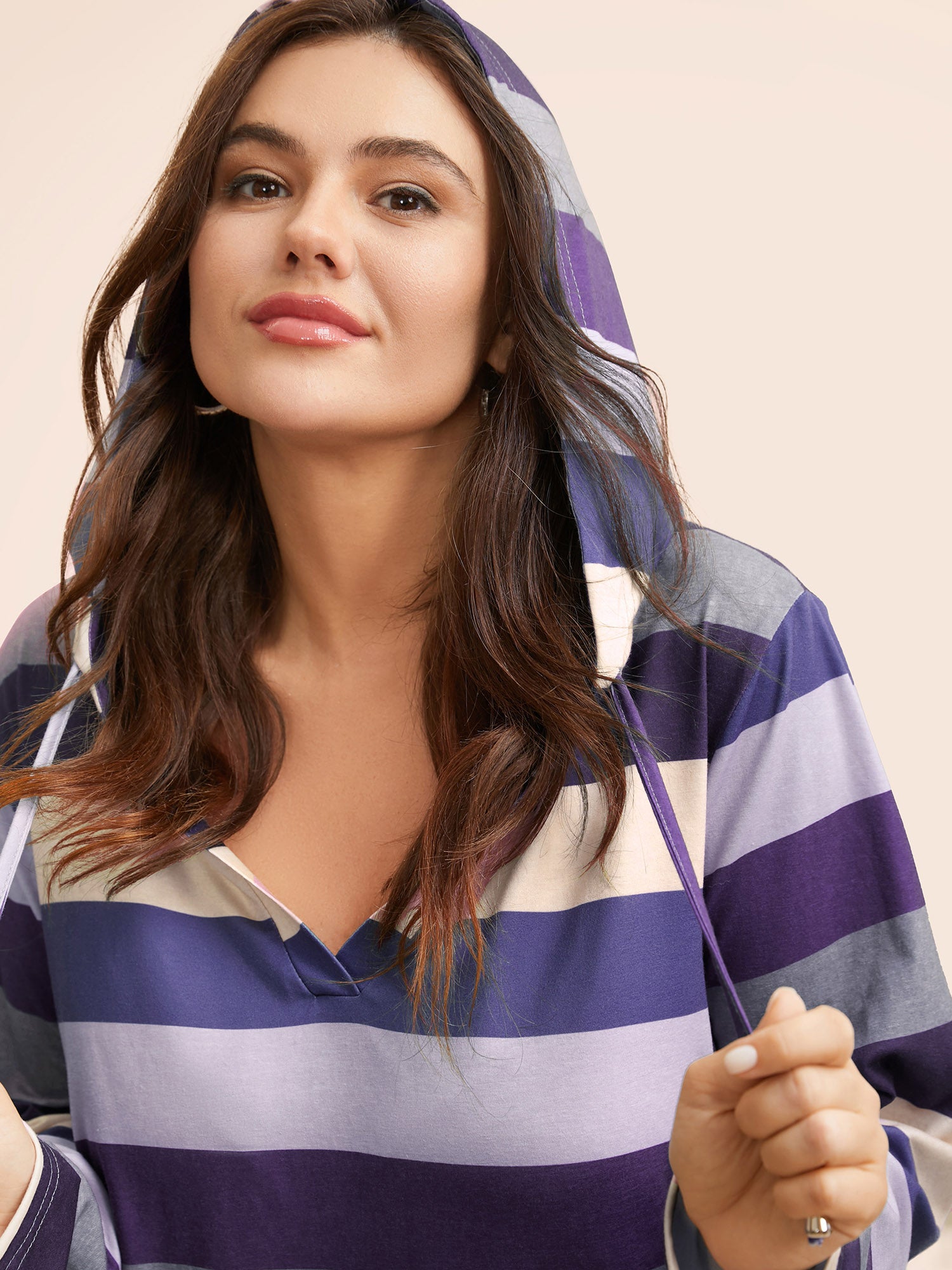 Contrast Striped Hooded Drawstring T-shirt