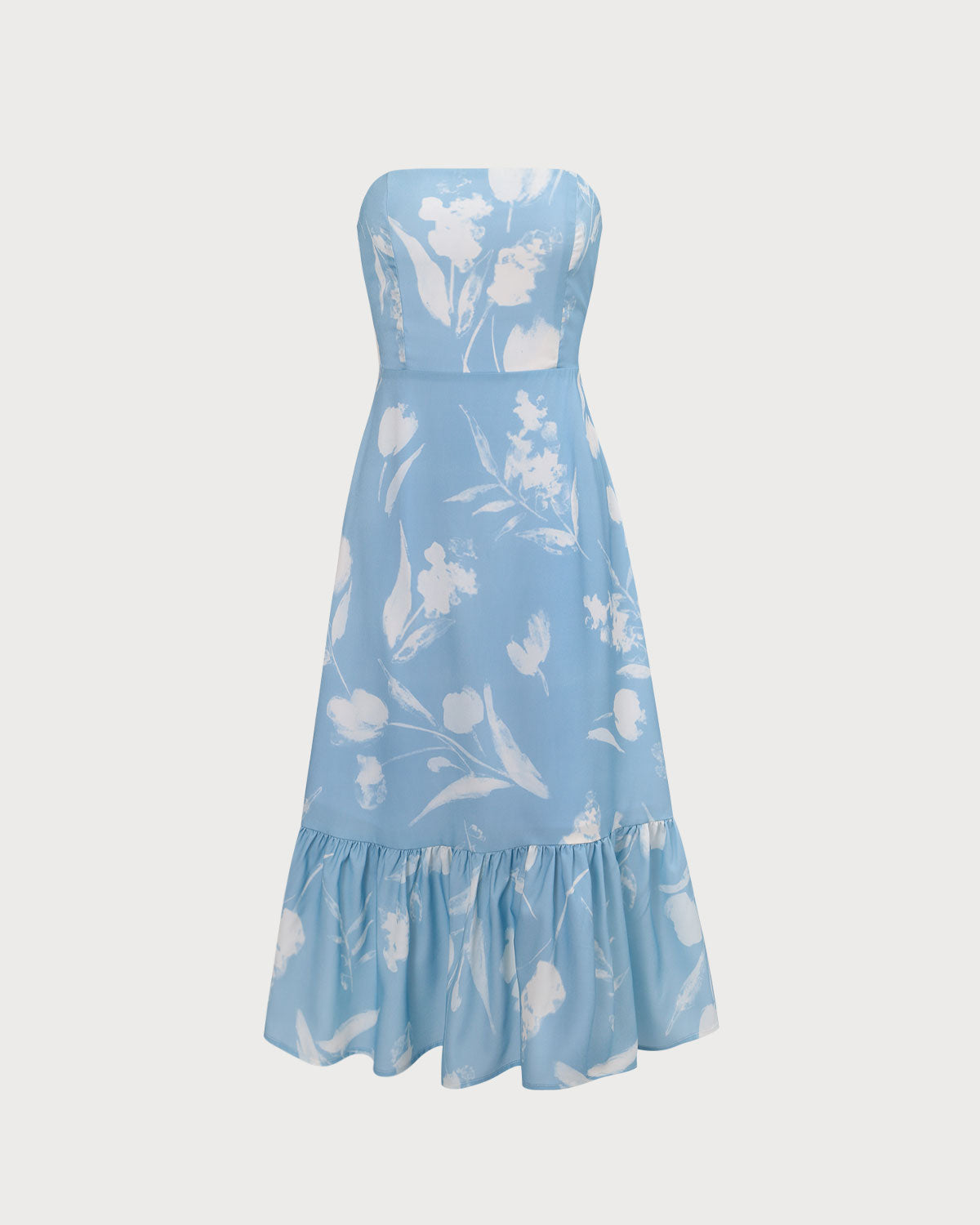The Blue Ruffle Trim Strapless Floral Midi Dress