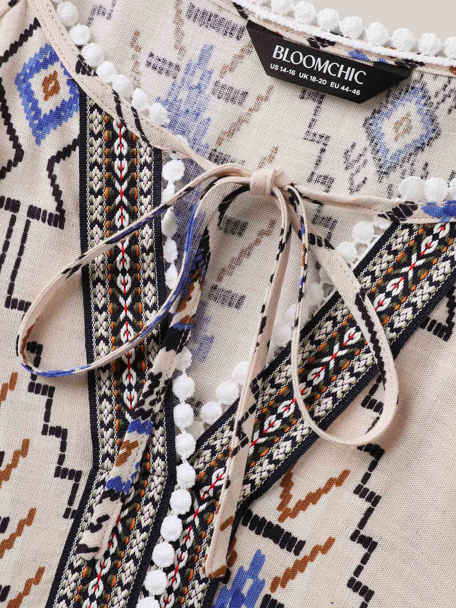 Boho Print Lace Detail Neck Tie Blouse