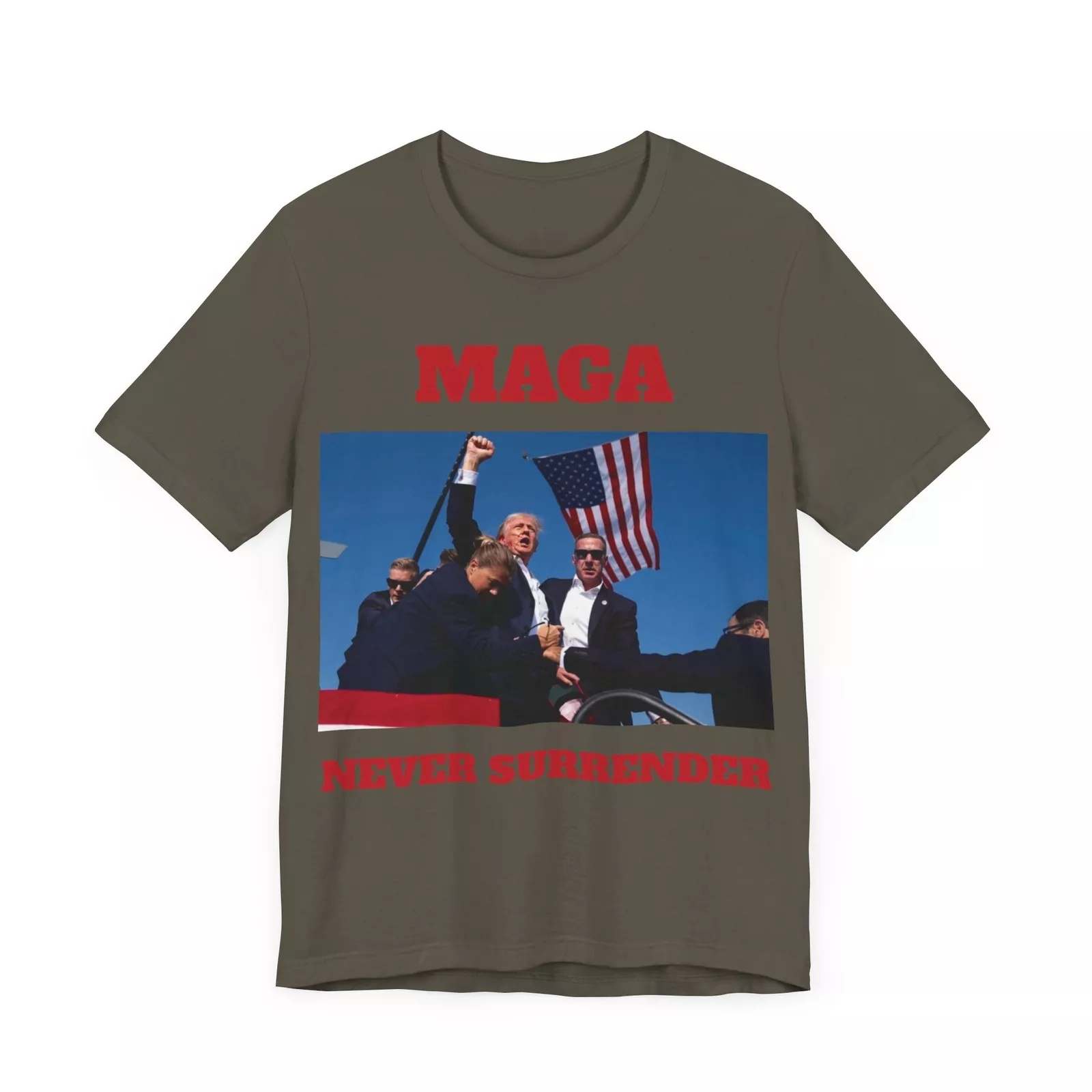 LOW STOCK Donald Trump Shirt MAGA Never Surrender 2024 Rally Shot Trump