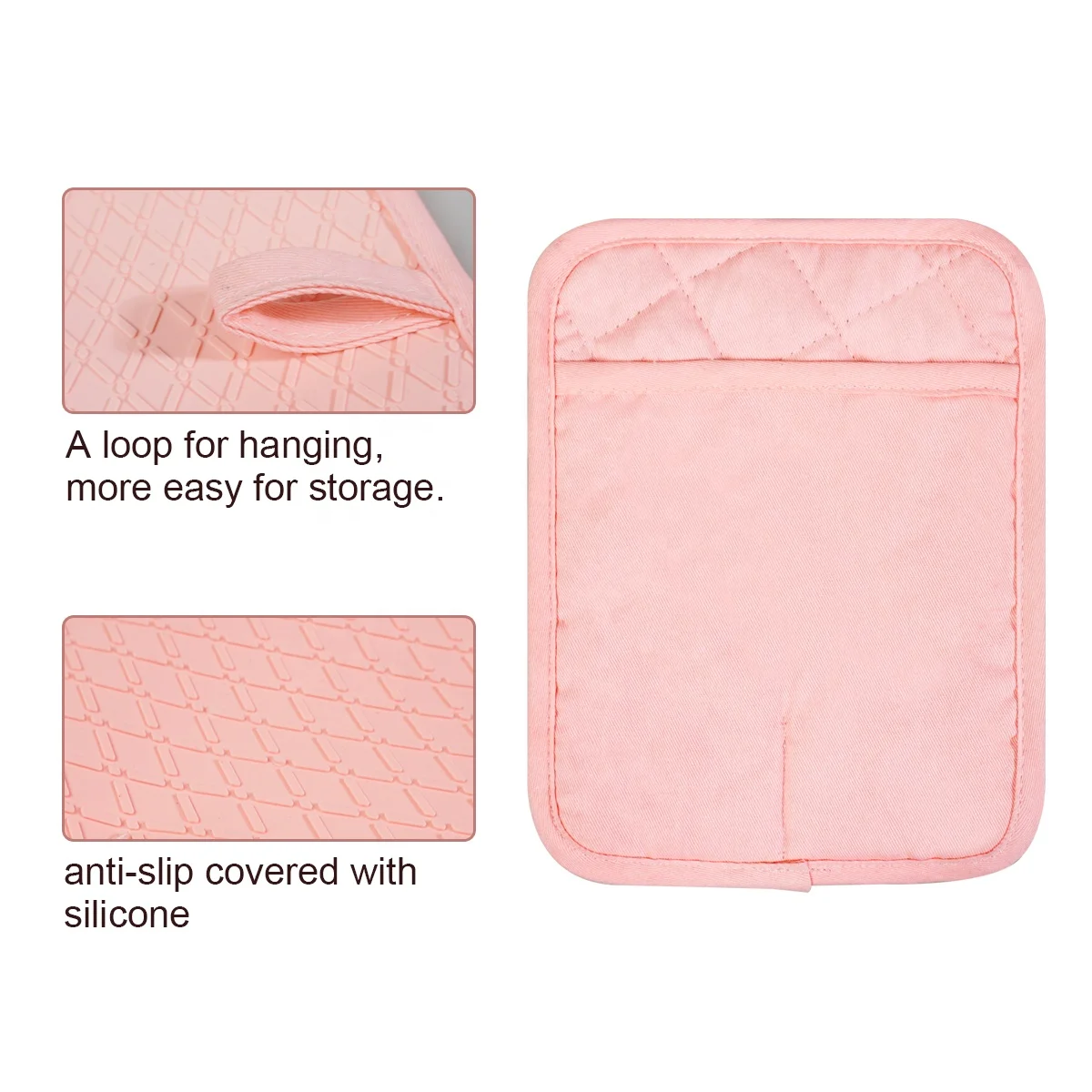 Hot sale pink cotton and silicone pot holder with pocket kitchen heat resistant cooking pot holder