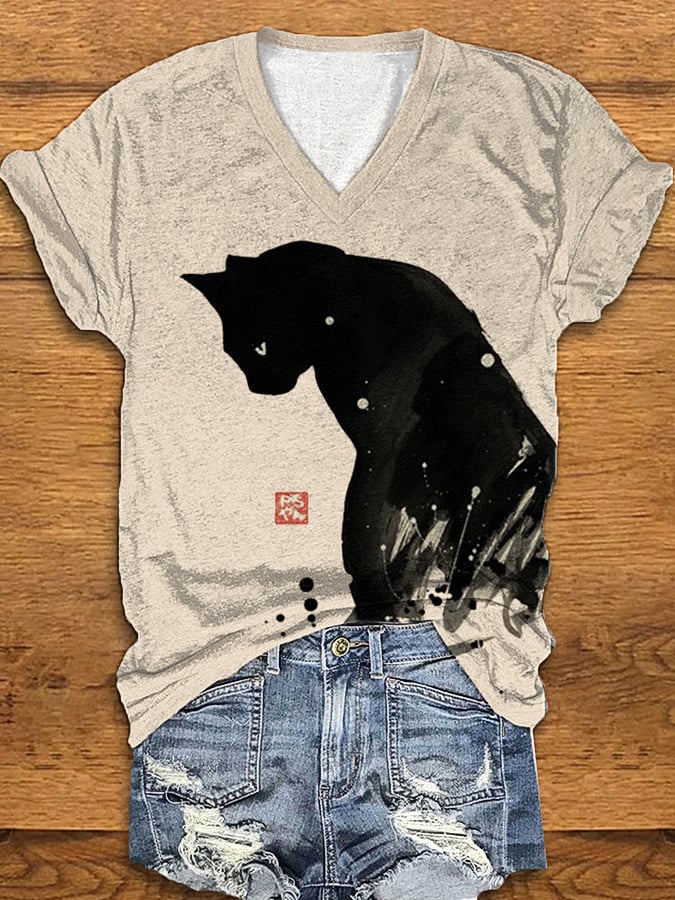 Women's Ink Cat Art Print T-Shirt