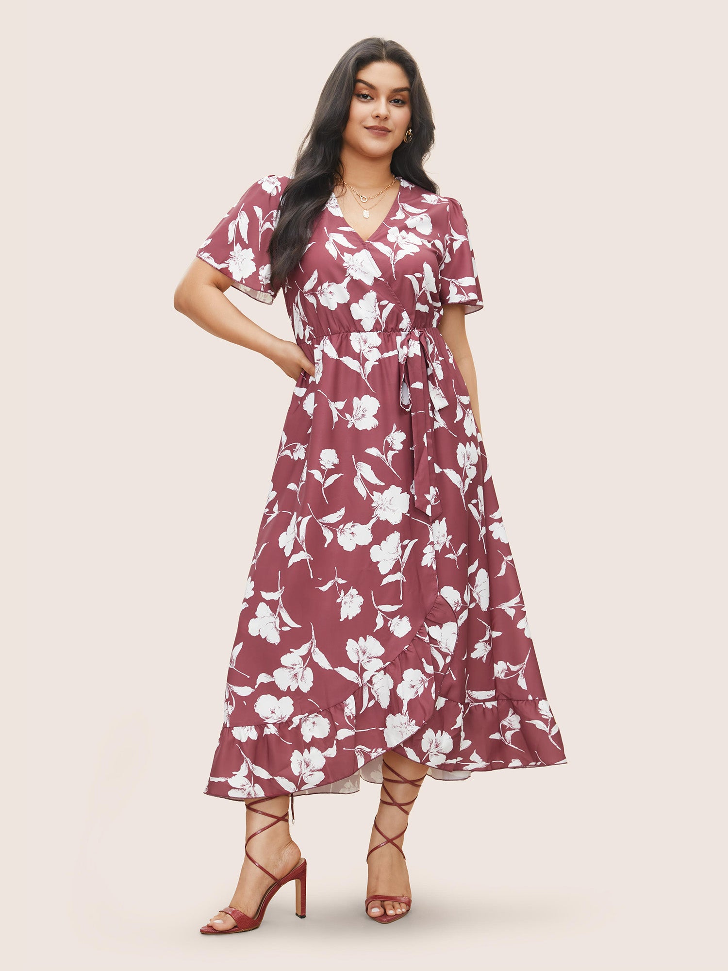 Floral Ruffle Knot Side Wrap Dress