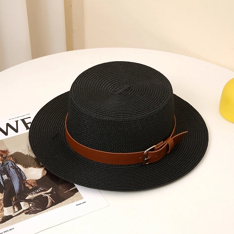 Women's Pastoral Solid Color Belt Buckle Wide Eaves Straw Hat