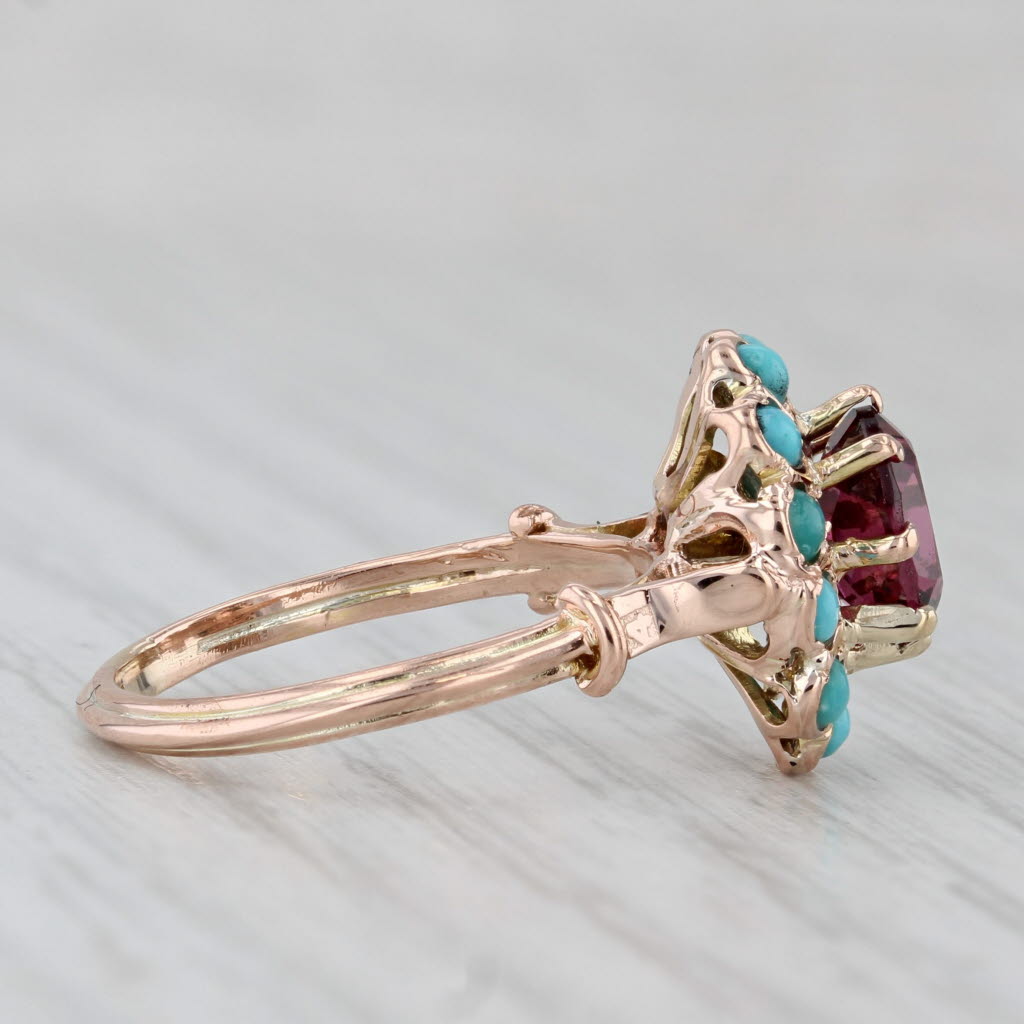 Vintage Rhodolite Garnet Turquoise Halo Ring 12k Rose Gold Size 5