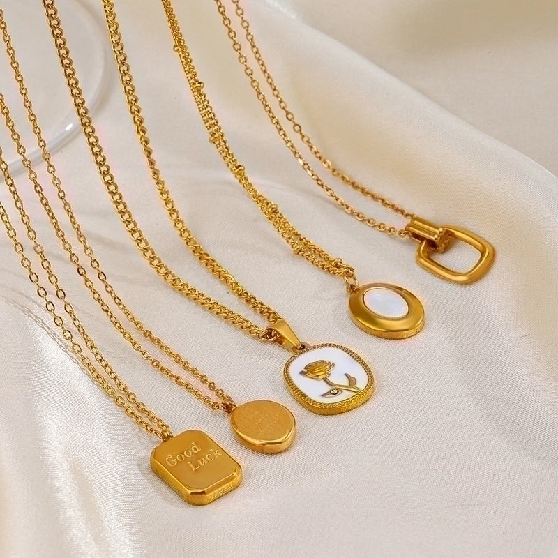304 Stainless Steel 18K Gold Plated IG Style Plating Inlay Geometric Rhinestones Shell Necklace