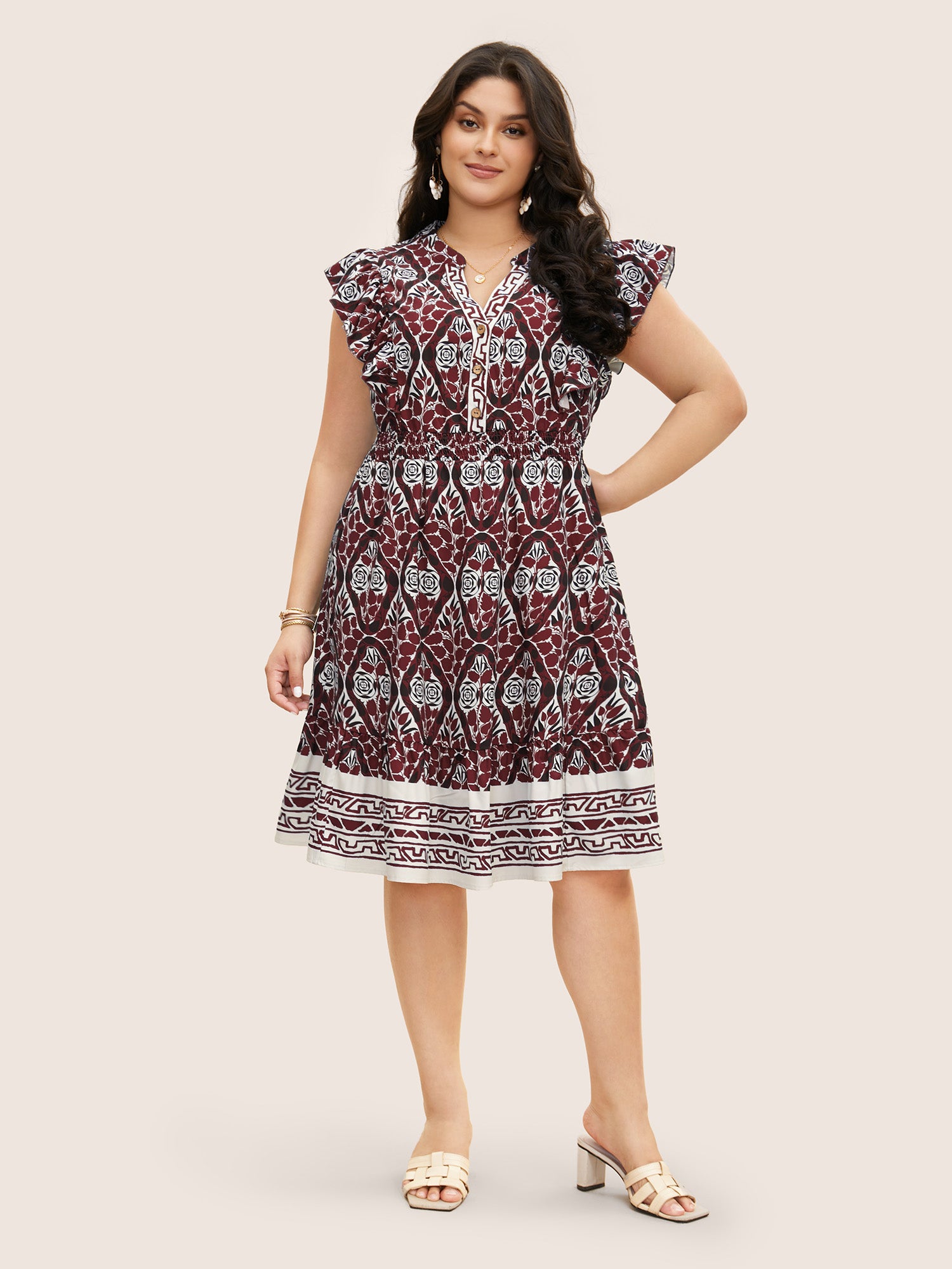 Boho Print Ruffles Shirred Pocket Elastic Waist Dress