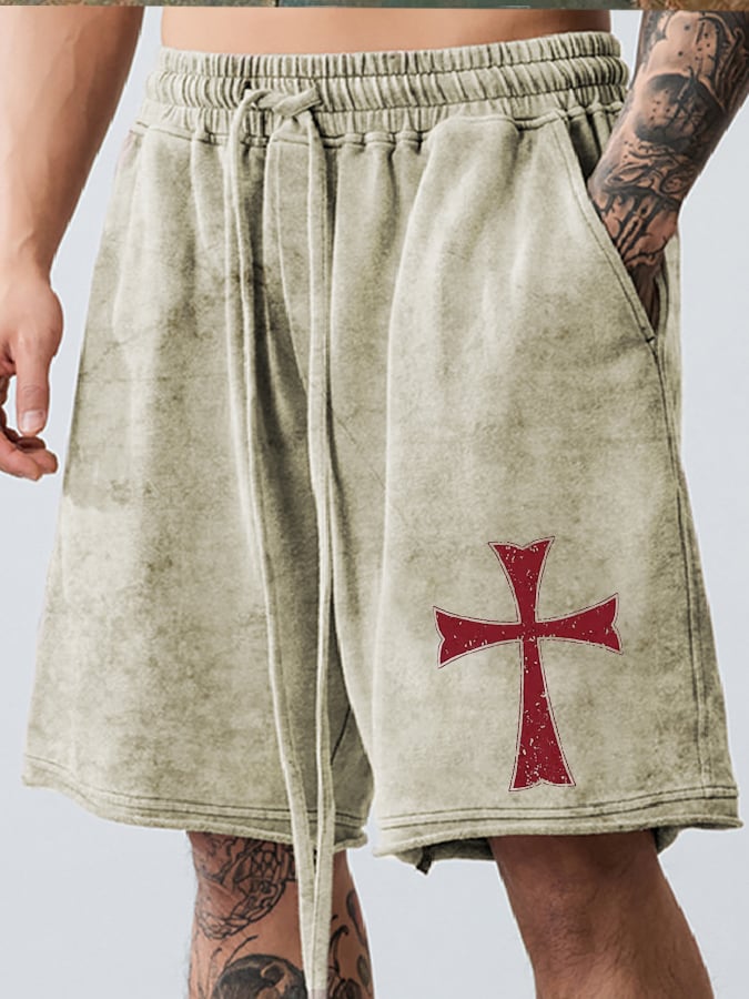 Men's Retro Distressed Hem Faith Print Loose Shorts