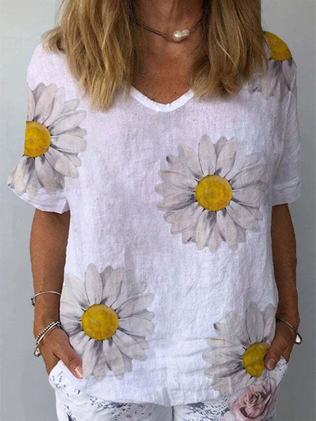 Woman Casual Sunflower Floral V Neck Short Sleeve Summer T-Shirt