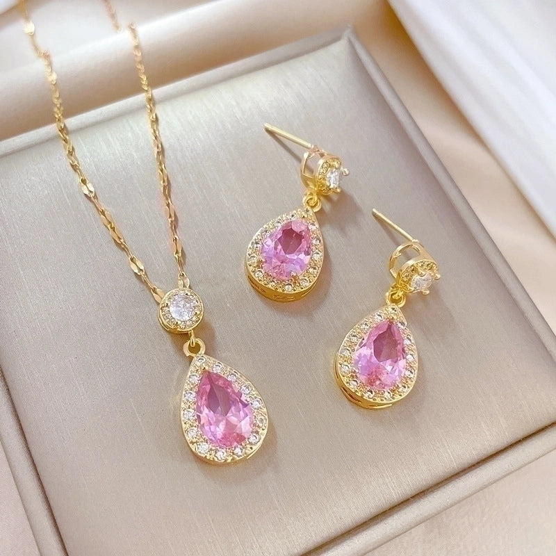 Copper Minimalist Plating Inlay Rhombus Bow Knot Zircon Jewelry Set