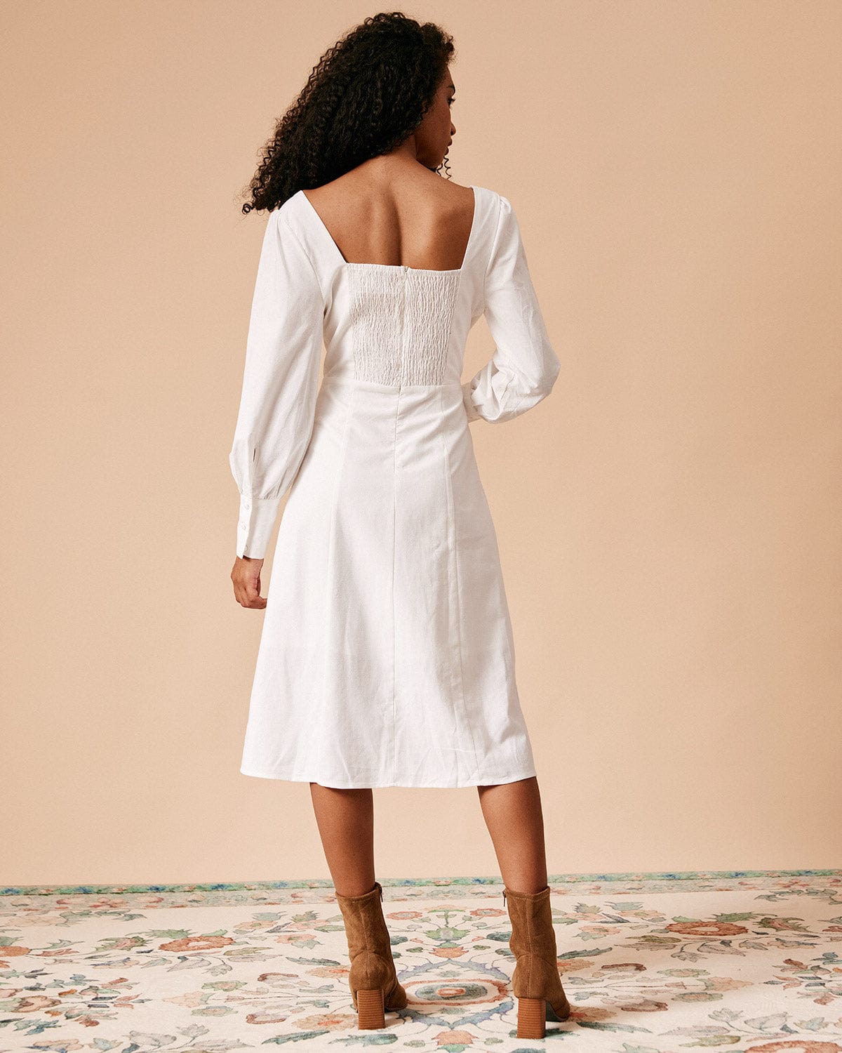 The White Solid Slit Long Sleeve Midi Dress