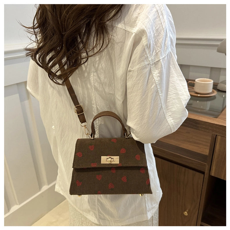 Women's Corduroy Strawberry Leopard Streetwear Square Flip Cover Handbag Crossbody Bag