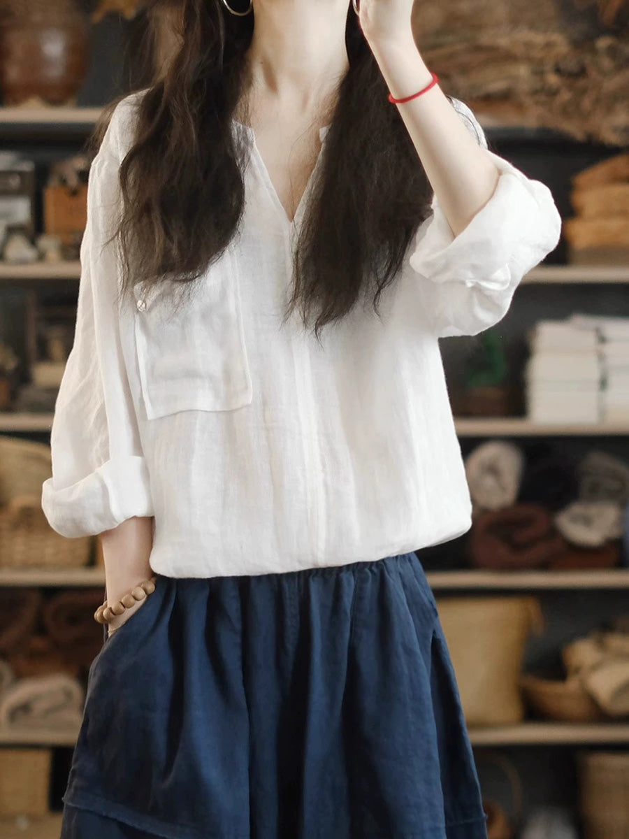 Women Summer Retro Pure Color 100%Linen V-Neck Shirt