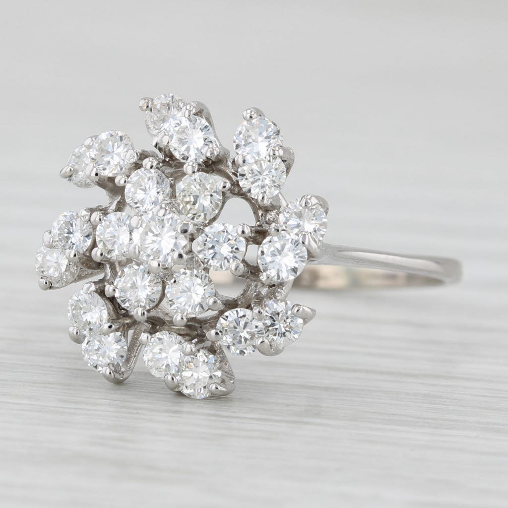 Vintage 1ctw Diamond Cluster Flower Ring 18k White Gold Size 9