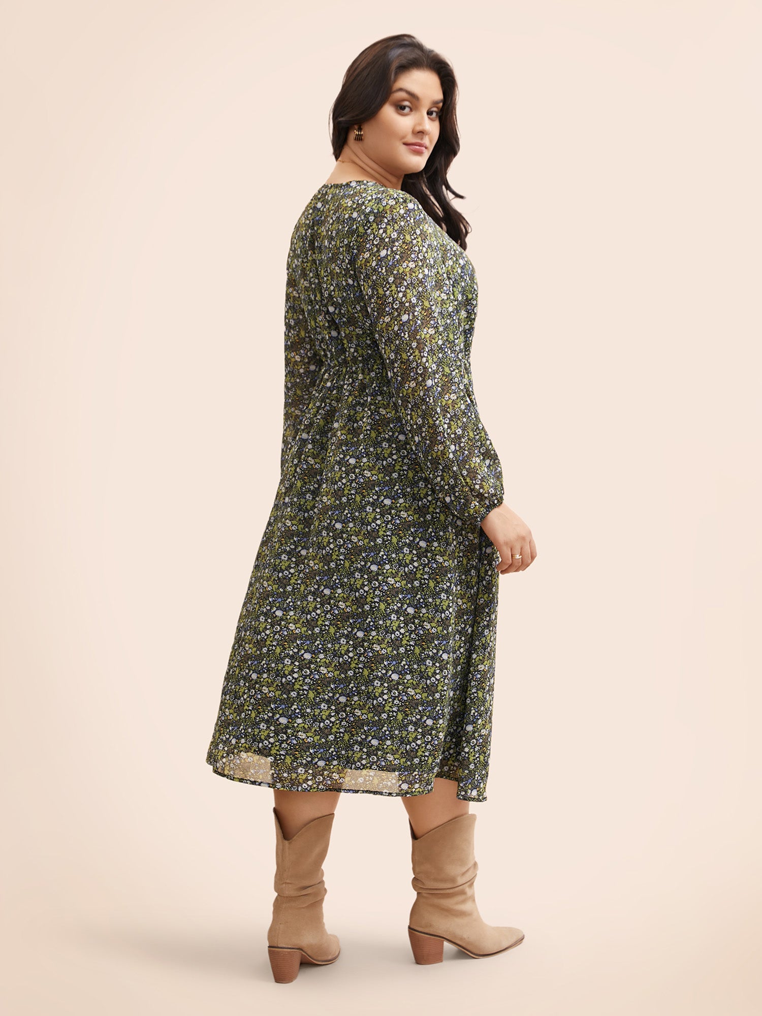 Ditsy Floral Overlap Collar Midi Dress