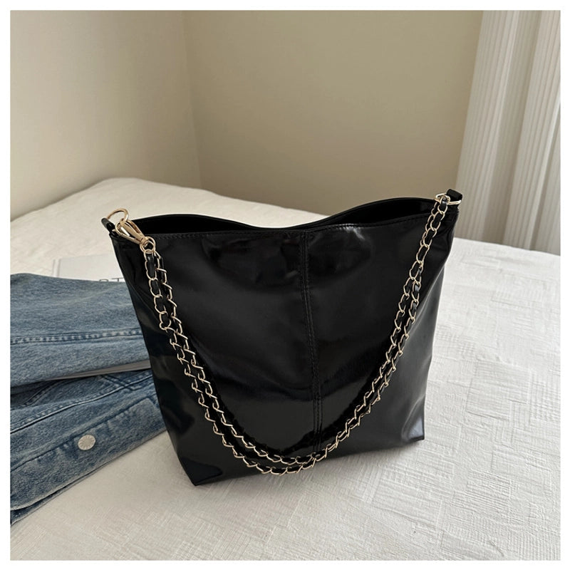 Women's Large Pu Leather Solid Color Basic Classic Style Zipper Bucket Bag