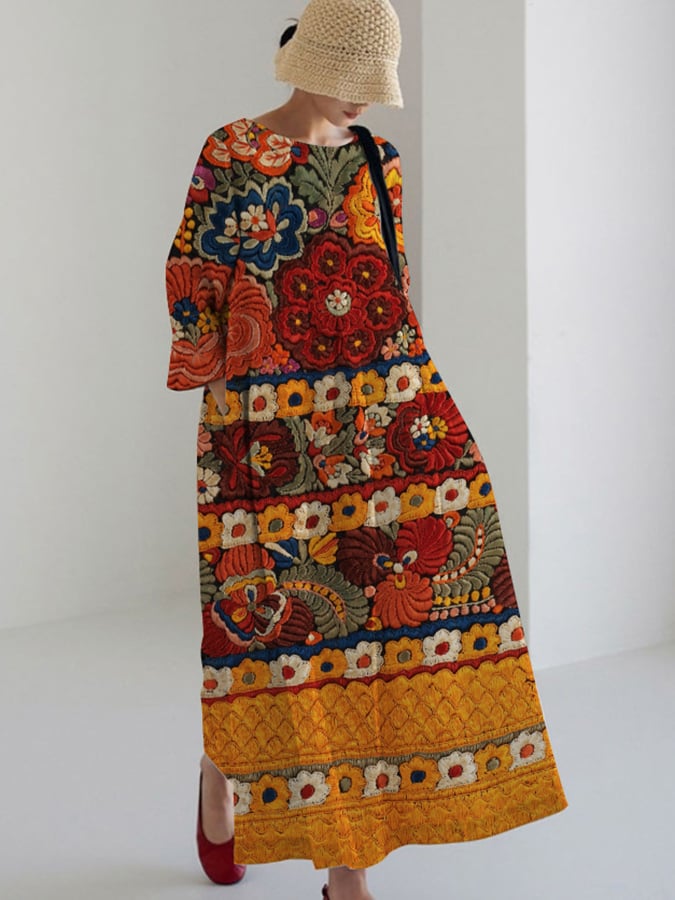 Women's Vintage Embroidered Floral Print Casual Loose Dress