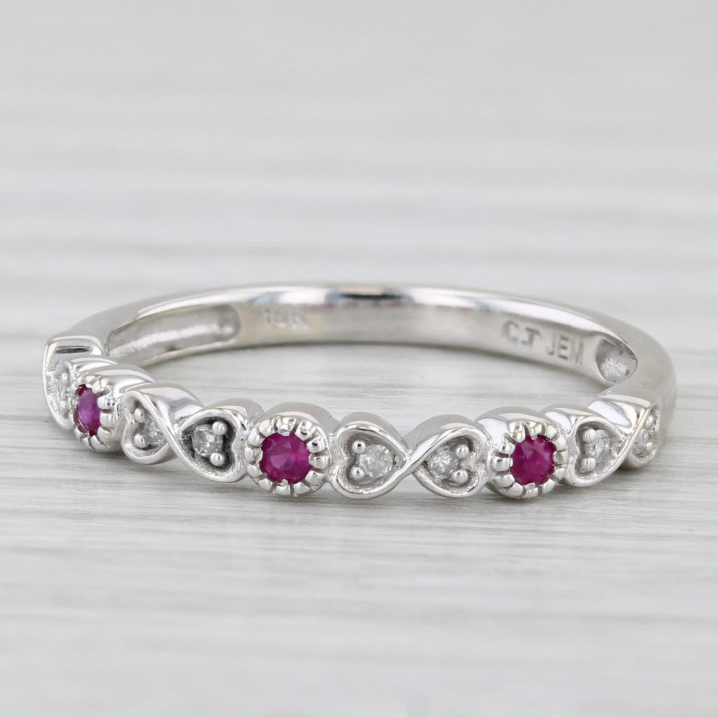 0.10ctw Ruby Diamond Stackable Hearts Ring 10k White Gold Size 7.25 Wedding Band